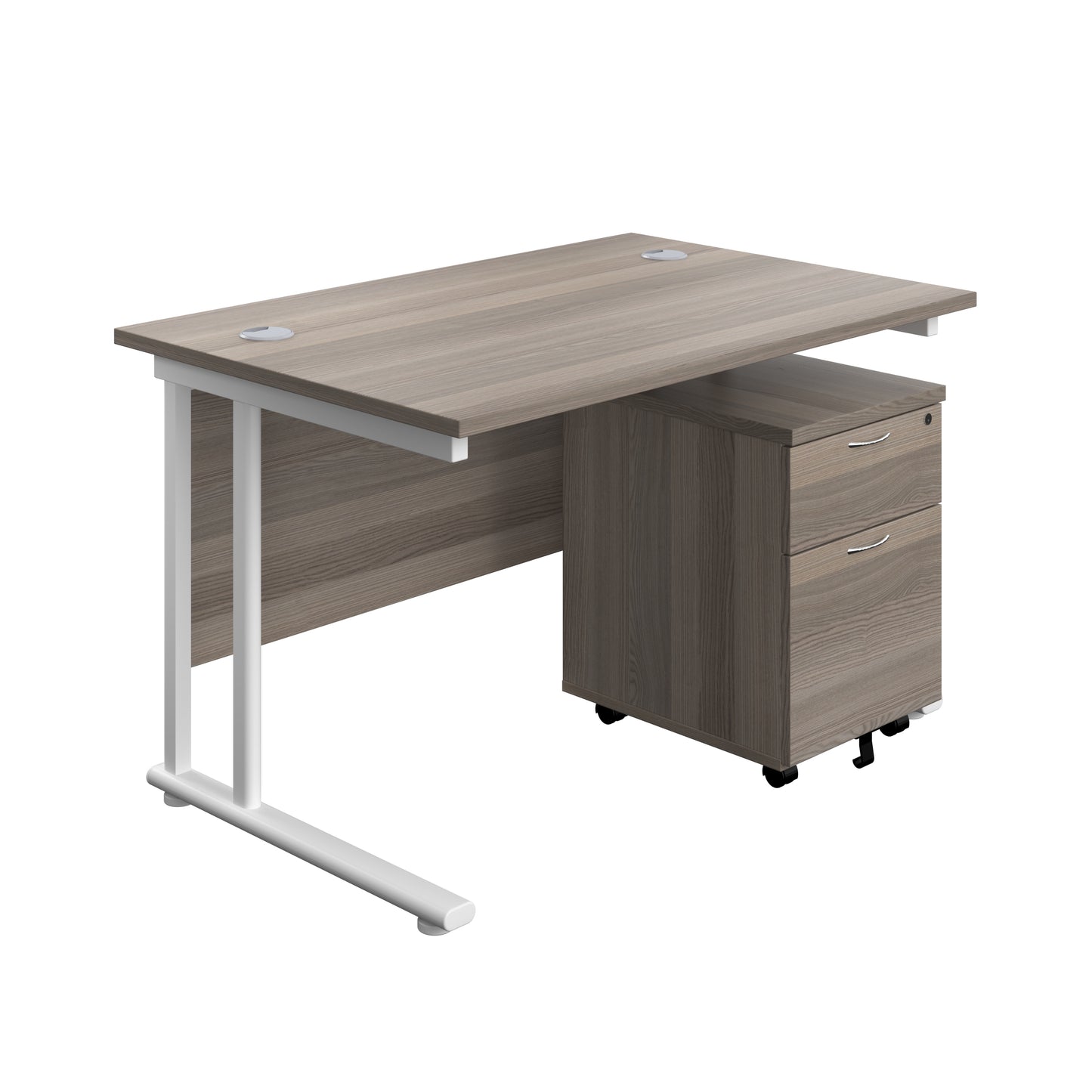Aztec|Twin Upright|Rectangular Desk and Mobile 2 Drawer Pedestal|1200x800|Grey Oak-White