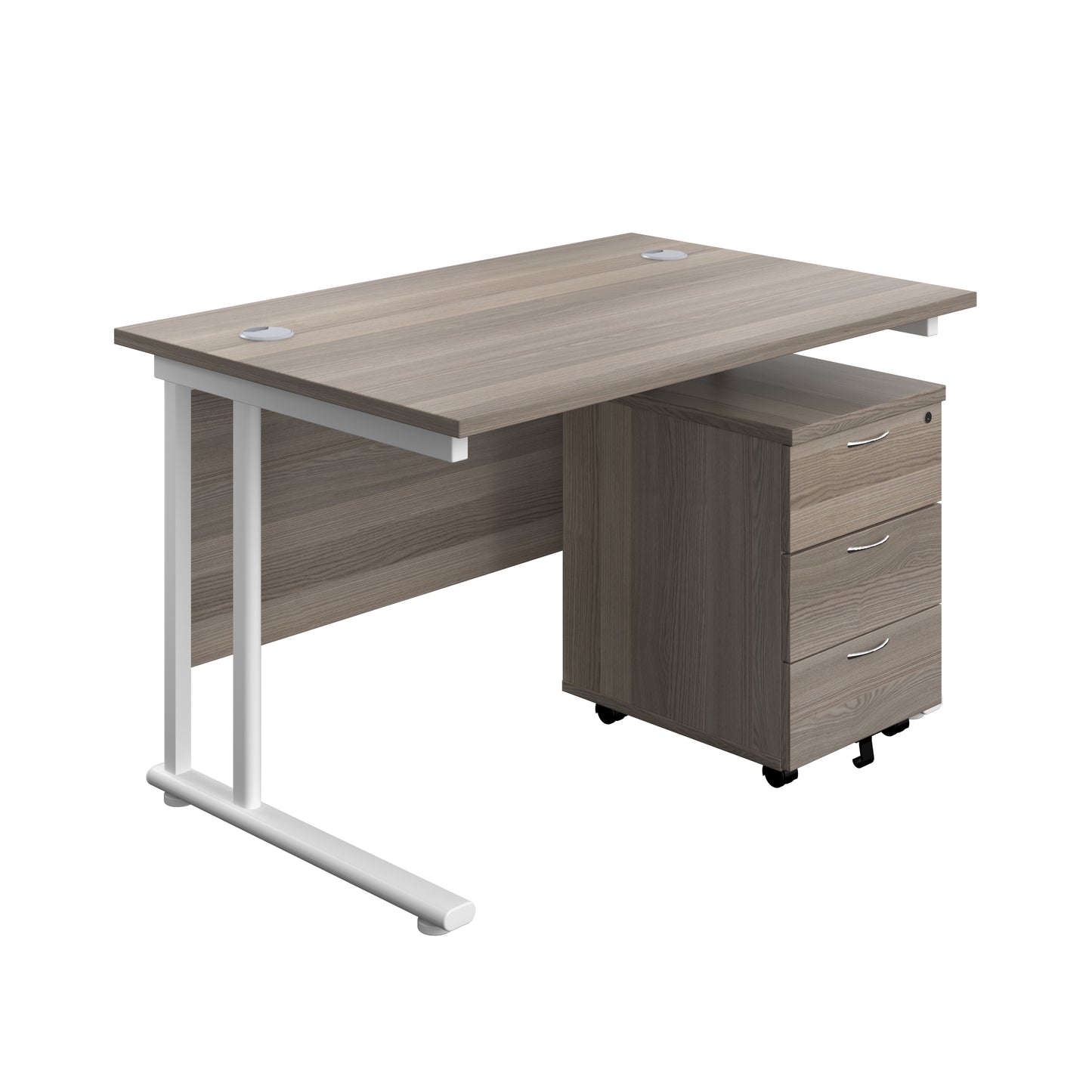 Aztec|Twin Upright|Rectangular Desk and Mobile 3 Drawer Pedestal|1200x800|Grey Oak-White
