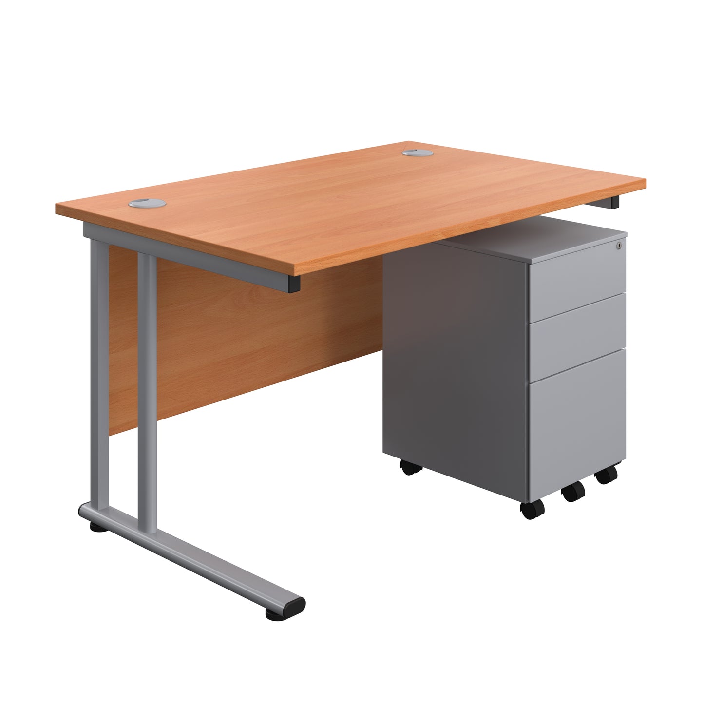 Aztec|Twin Upright|Rectangular Desk and Under Desk Steel Pedestal 3 Drawer|1200x800|Beech-Silver