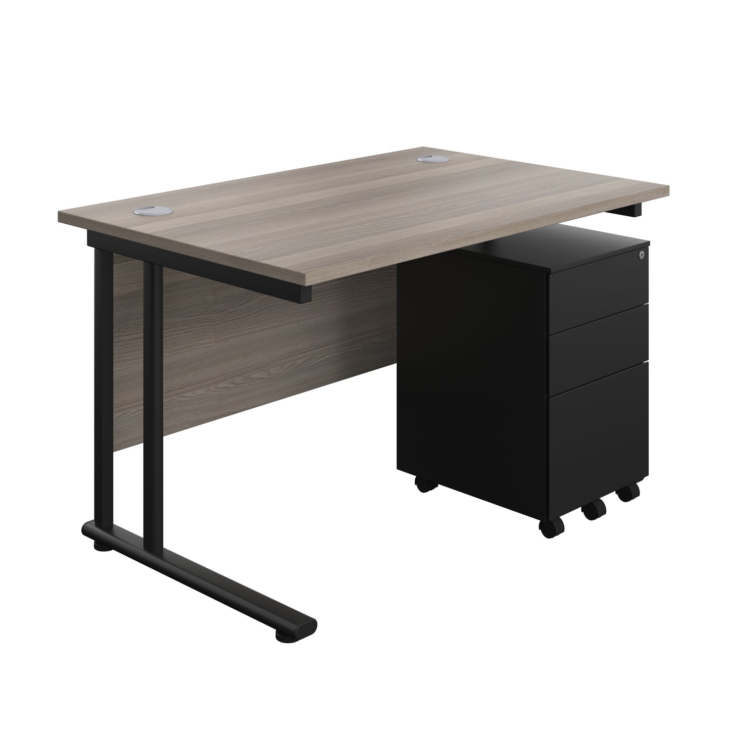 Aztec|Twin Upright|Rectangular Desk and Under Desk Steel Pedestal 3 Drawer|1200x800|Grey Oak-Black