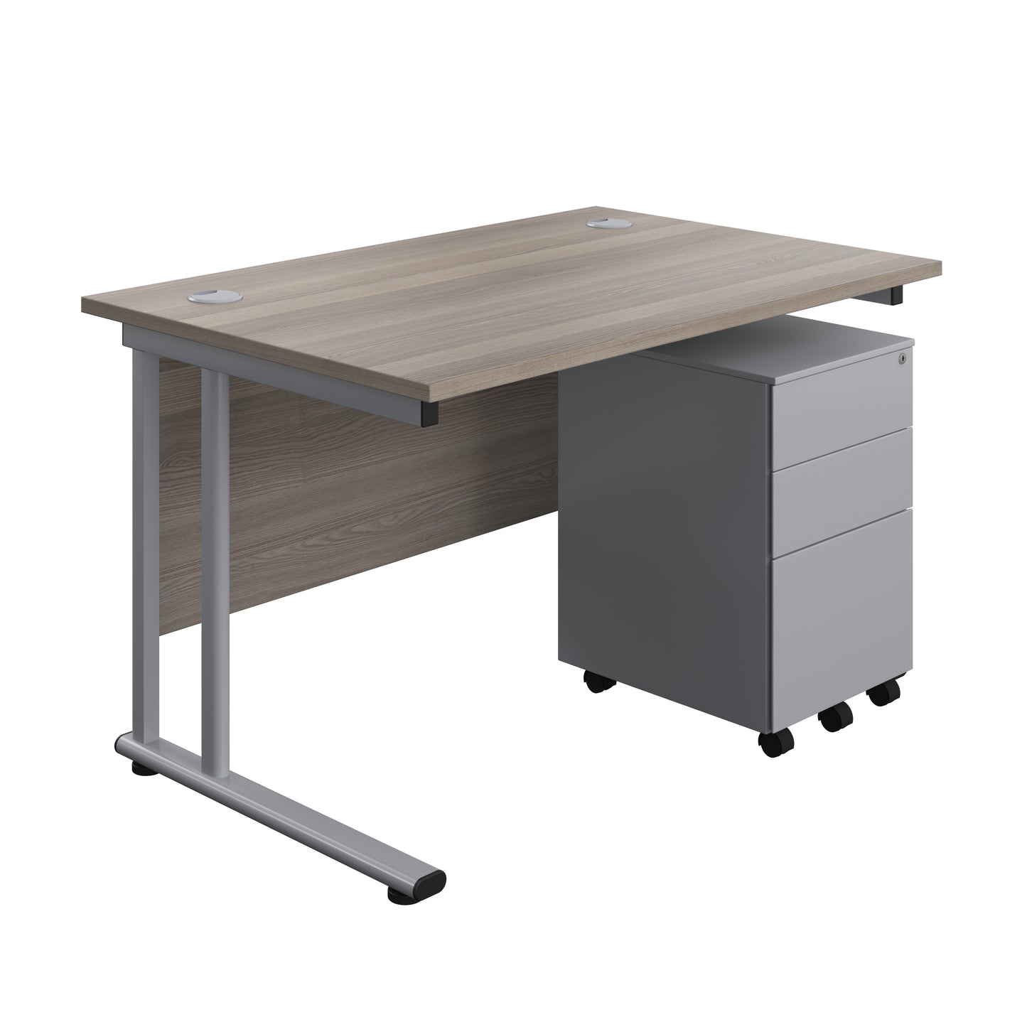Aztec|Twin Upright|Rectangular Desk and Under Desk Steel Pedestal 3 Drawer|1200x800|Grey Oak-Silver