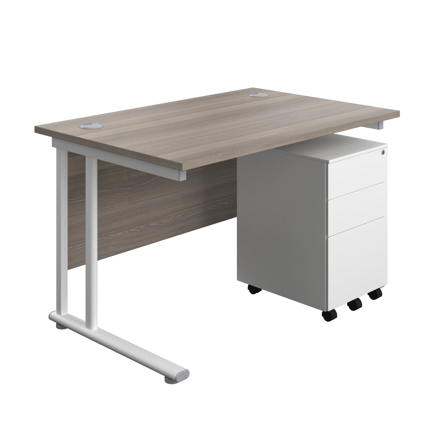 Aztec|Twin Upright|Rectangular Desk and Under Desk Steel Pedestal 3 Drawer|1200x800|Grey Oak-White