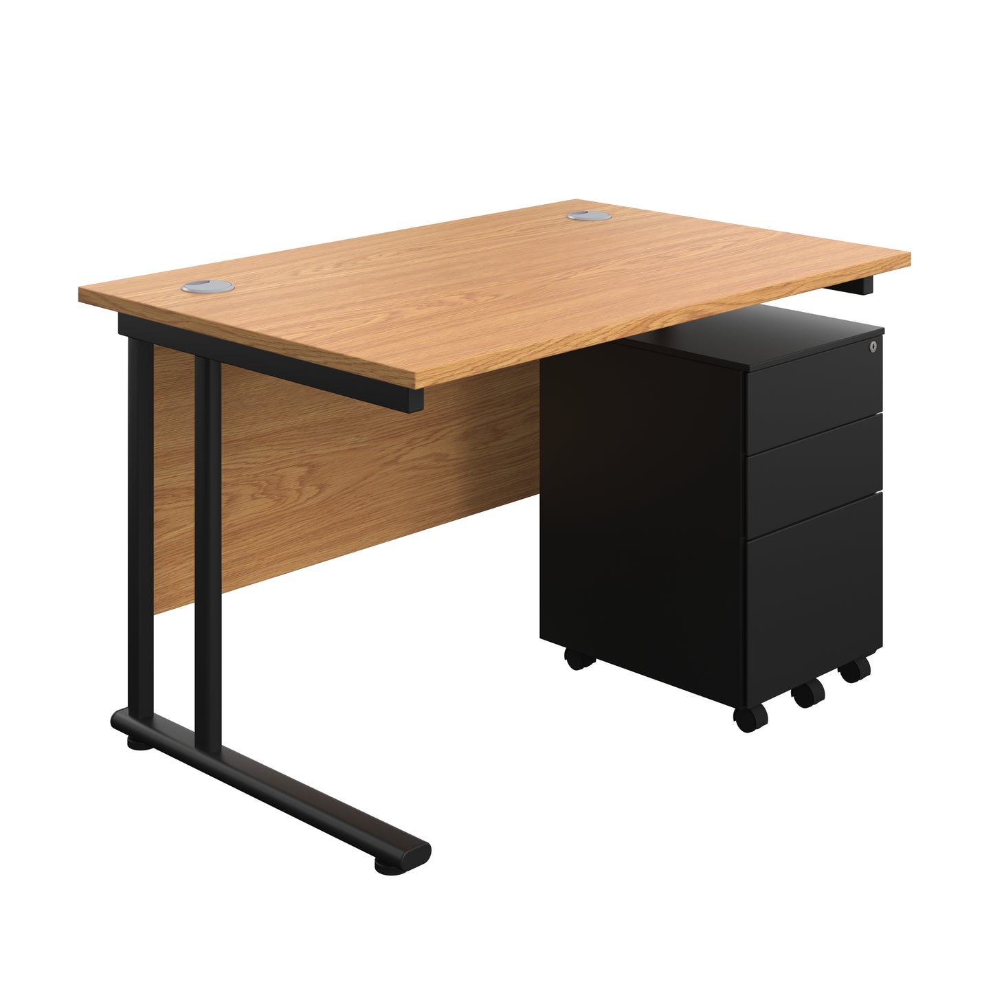 Aztec|Twin Upright|Rectangular Desk and Under Desk Steel Pedestal 3 Drawer|1200x800|Nova Oak-Black