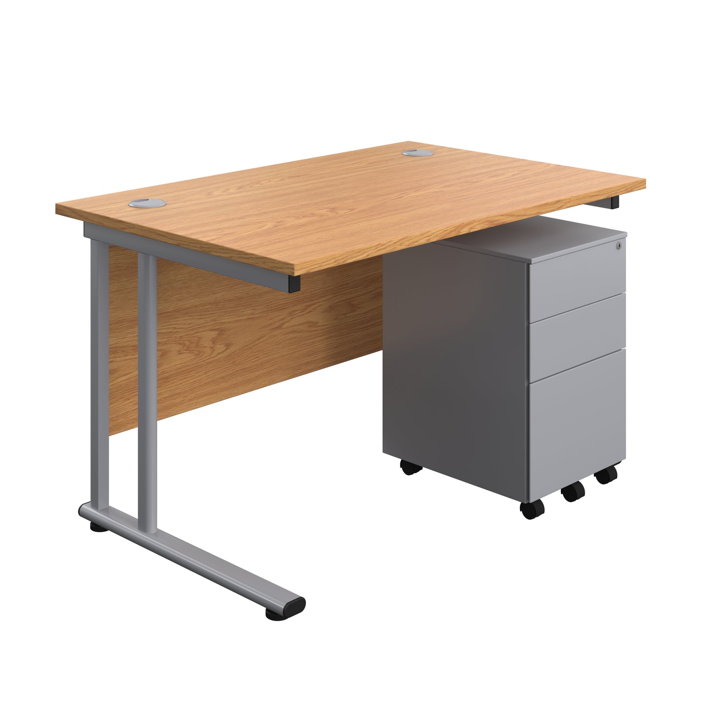 Aztec|Twin Upright|Rectangular Desk and Under Desk Steel Pedestal 3 Drawer|1200x800|Nova Oak-Silver