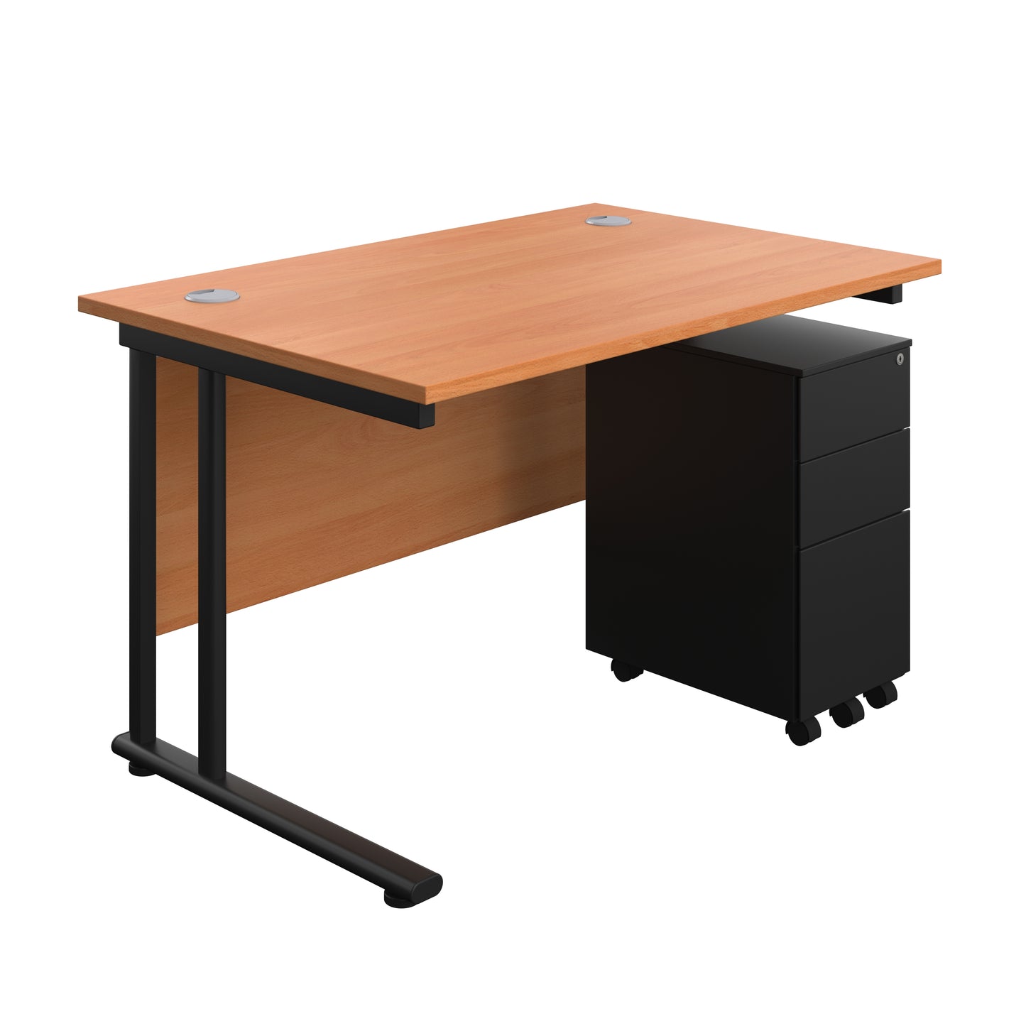 Aztec|Twin Upright|Rectangular Desk and Slimline Steel Pedestal 3 Drawer|1200x800|Beech-Black