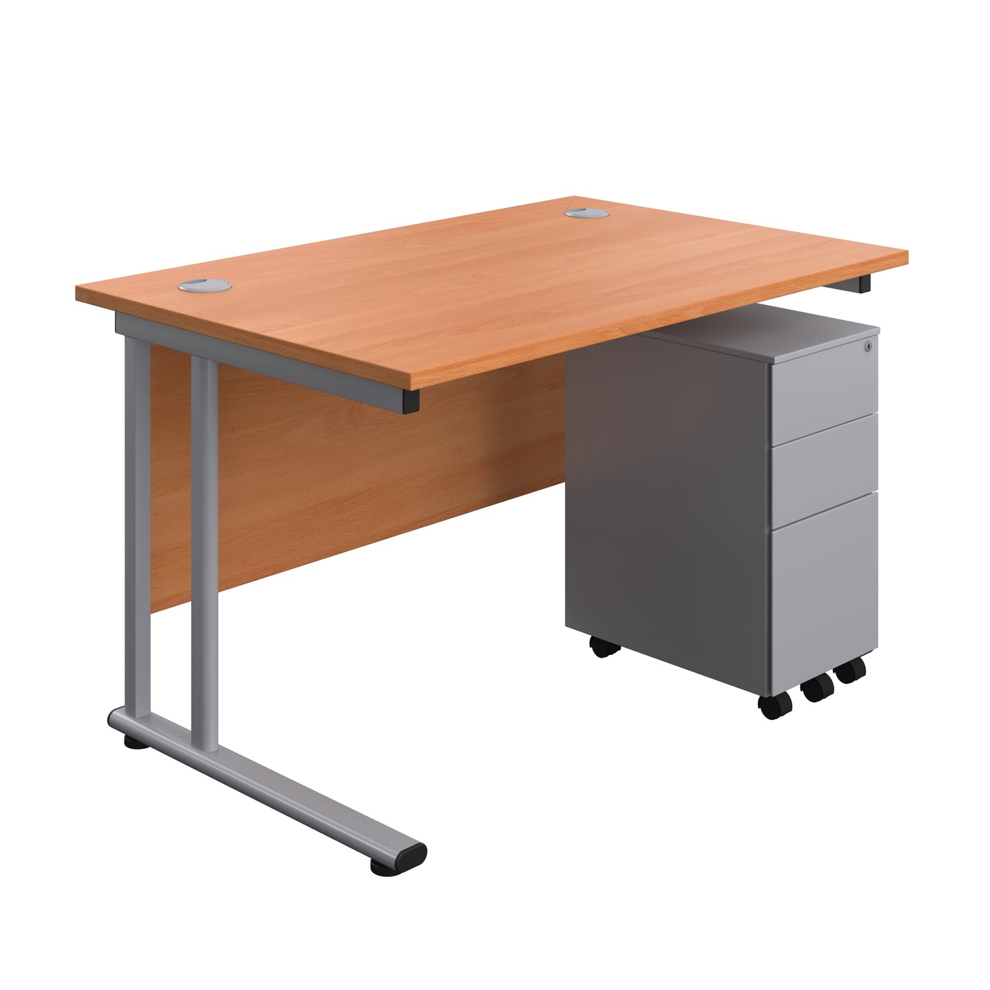 Aztec|Twin Upright|Rectangular Desk and Slimline Steel Pedestal 3 Drawer|1200x800|Beech-Silver
