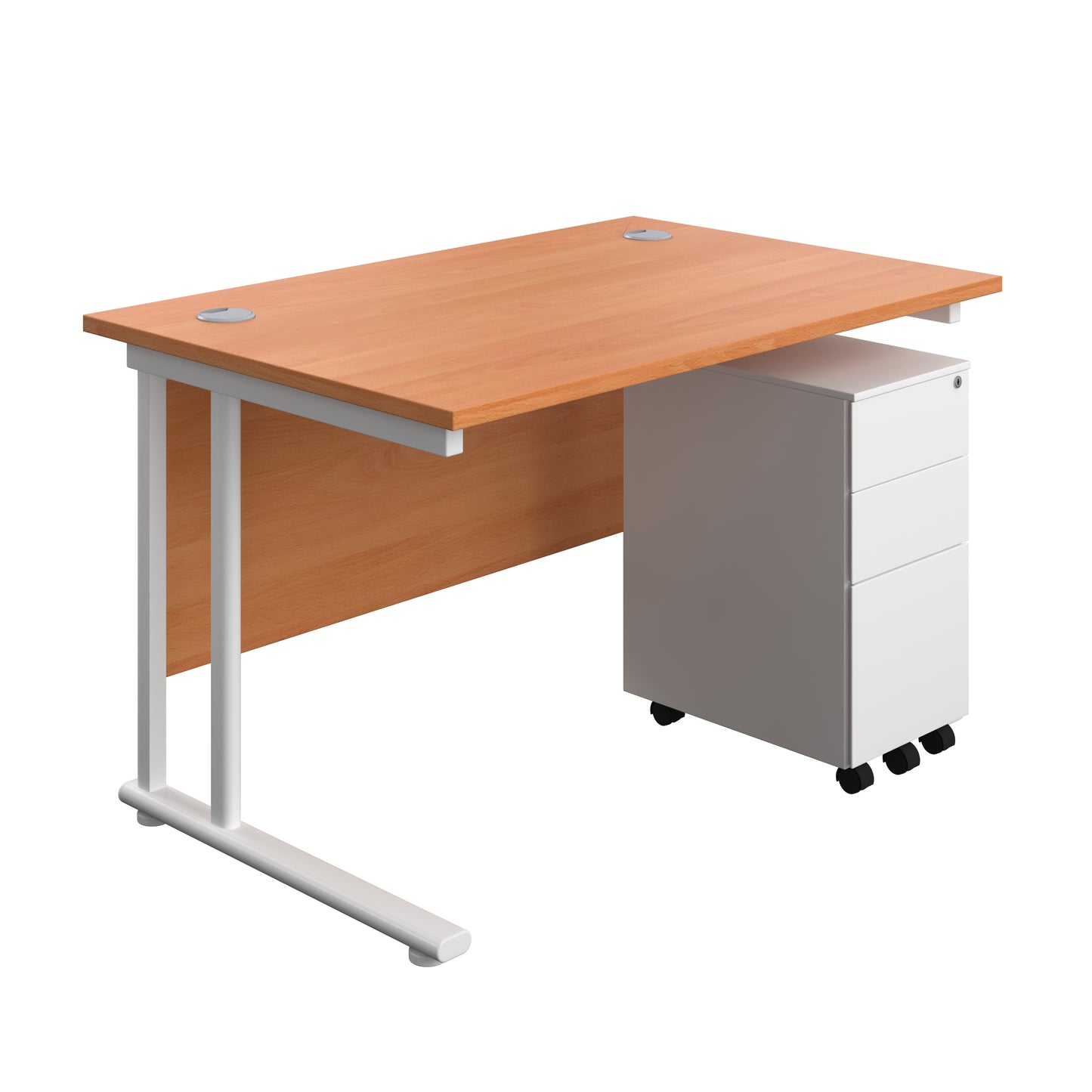 Aztec|Twin Upright|Rectangular Desk and Slimline Steel Pedestal 3 Drawer|1200x800|Beech-White