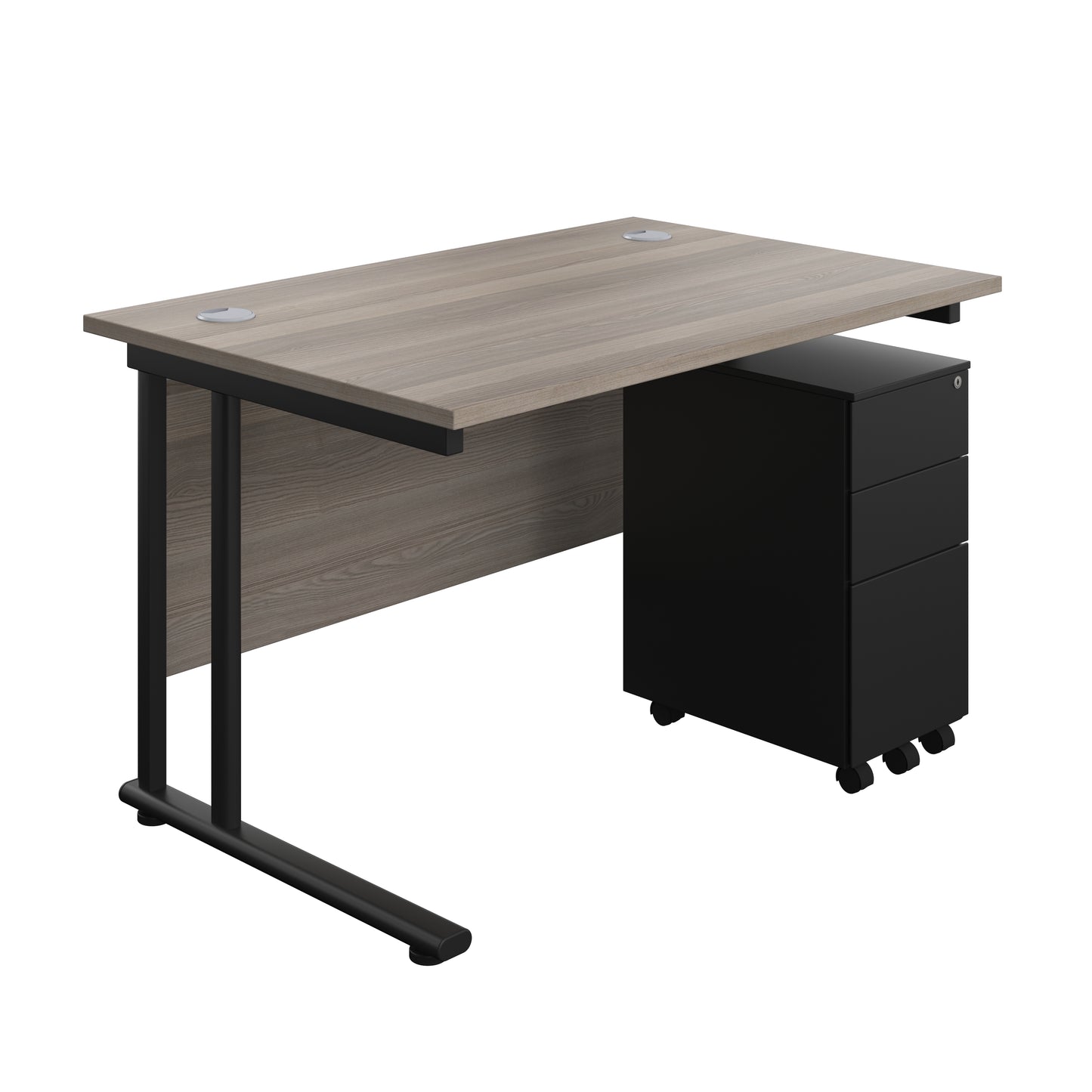 Aztec|Twin Upright|Rectangular Desk and Slimline Steel Pedestal 3 Drawer|1200x800|Grey Oak-Black