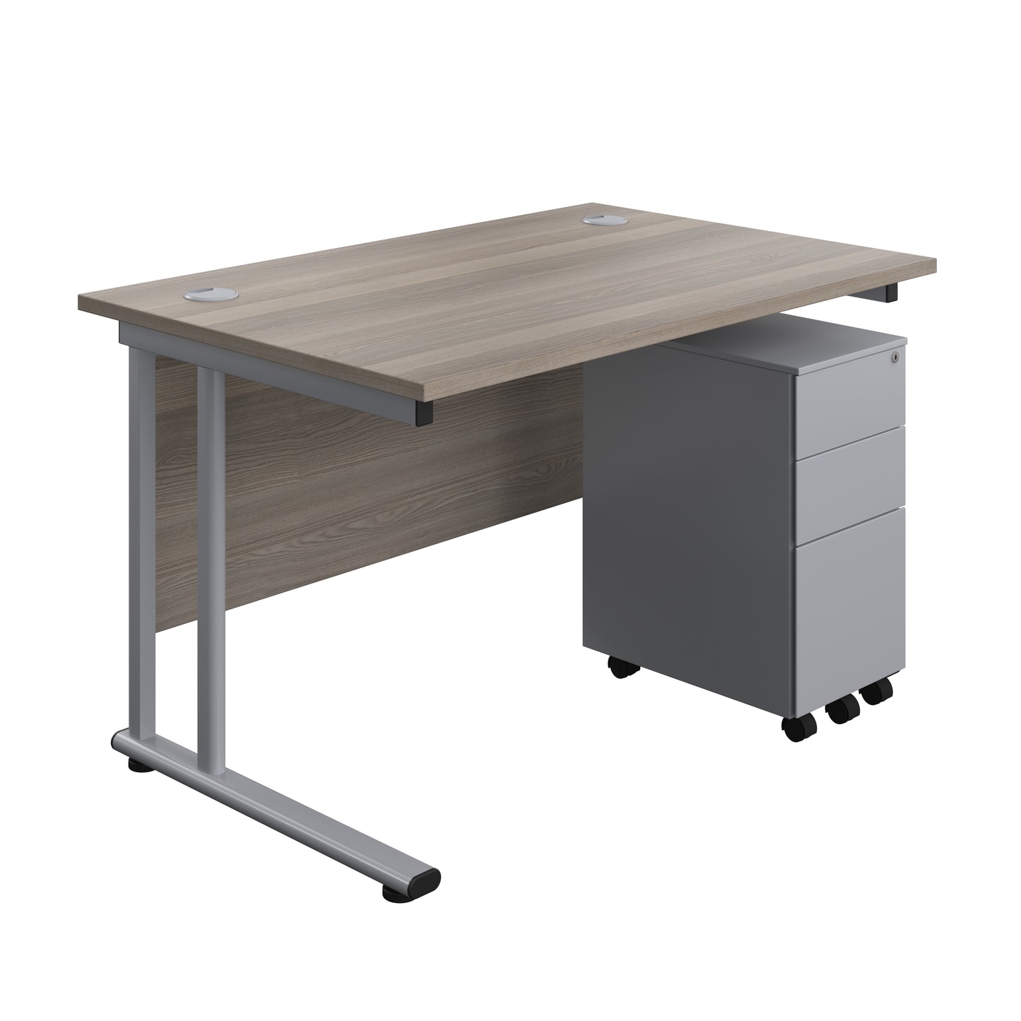 Aztec|Twin Upright|Rectangular Desk and Slimline Steel Pedestal 3 Drawer|1200x800|Grey Oak-Silver