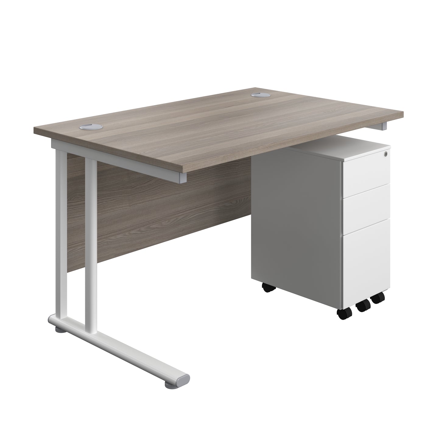 Aztec|Twin Upright|Rectangular Desk and Slimline Steel Pedestal 3 Drawer|1200x800|Grey Oak-White