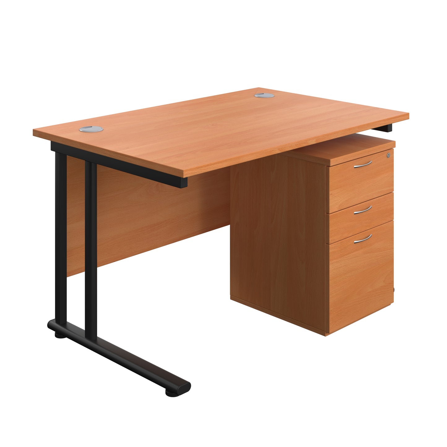 Aztec|Twin Upright|Rectangular Desk and High Mobile Pedestal 3 Drawer|1200x800|Beech-Black