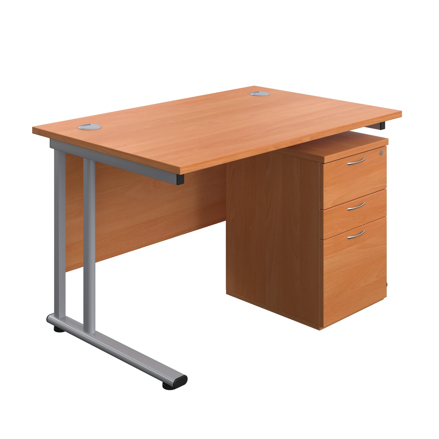 Aztec|Twin Upright|Rectangular Desk and High Mobile Pedestal 3 Drawer|1200x800|Beech-Silver