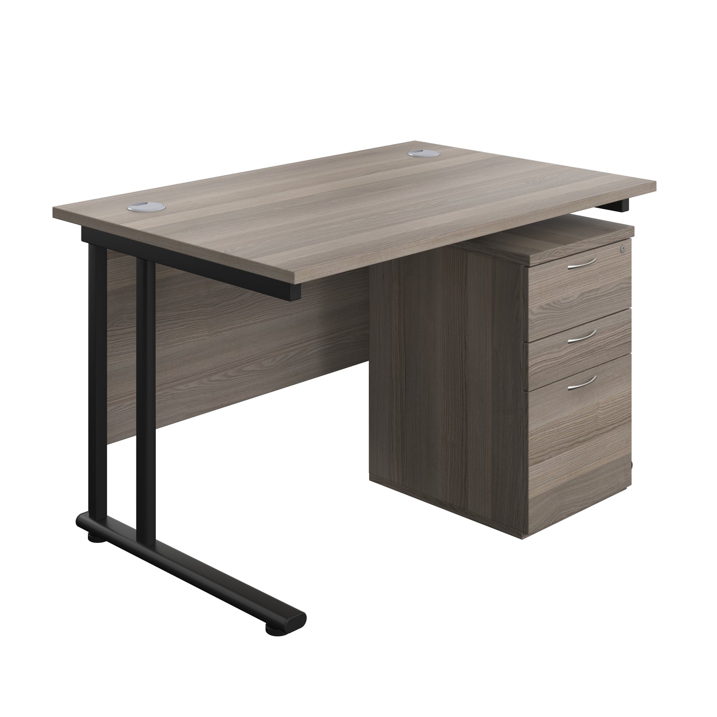 Aztec|Twin Upright|Rectangular Desk and High Mobile Pedestal 3 Drawer|1200x800|Grey Oak-Black