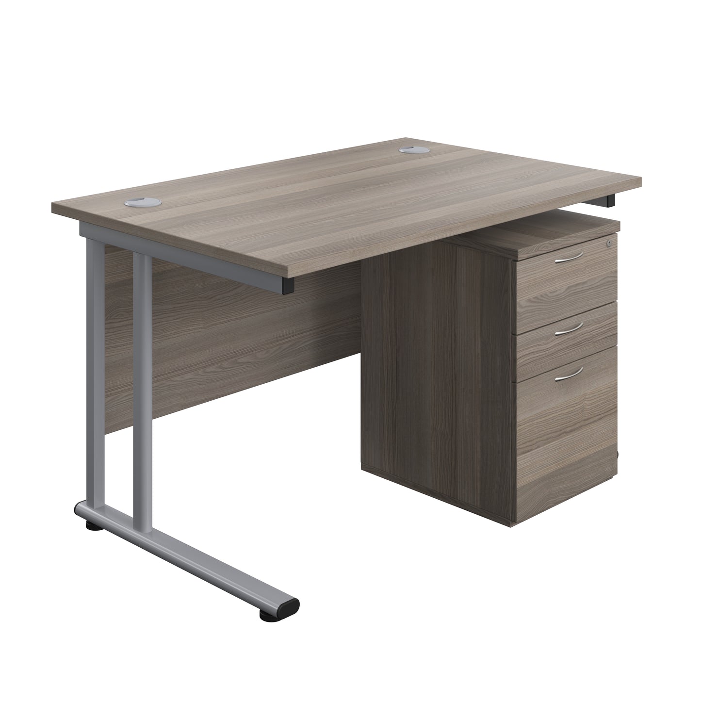 Aztec|Twin Upright|Rectangular Desk and High Mobile Pedestal 3 Drawer|1200x800|Grey Oak-Silver