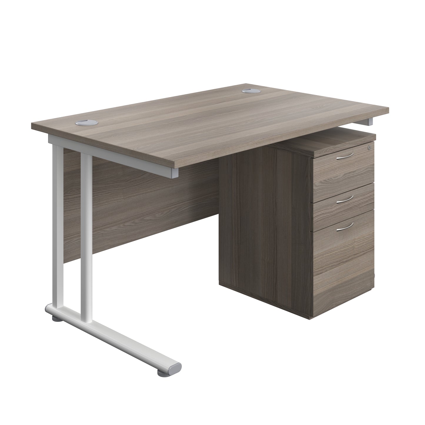 Aztec|Twin Upright|Rectangular Desk and High Mobile Pedestal 3 Drawer|1200x800|Grey Oak-White