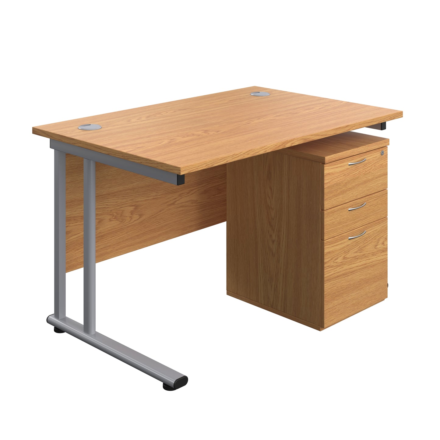Aztec|Twin Upright|Rectangular Desk and High Mobile Pedestal 3 Drawer|1200x800|Nova Oak-Silver