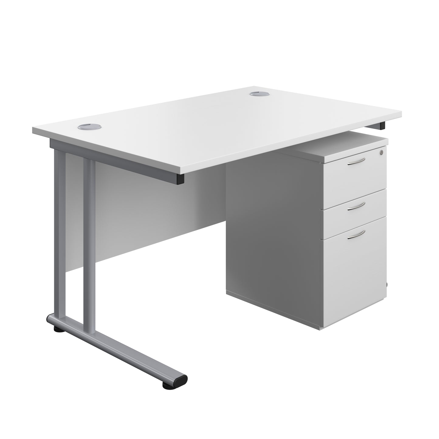 Aztec|Twin Upright|Rectangular Desk and High Mobile Pedestal 3 Drawer|1200x800|White-Silver