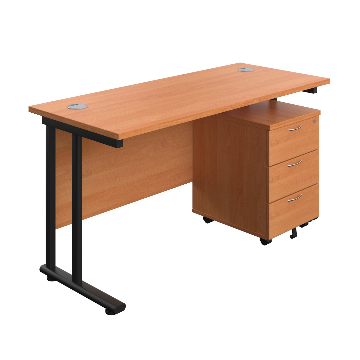 Aztec|Twin Upright|Rectangular Desk and Mobile 3 Drawer Pedestal|1400x600|Beech-Black