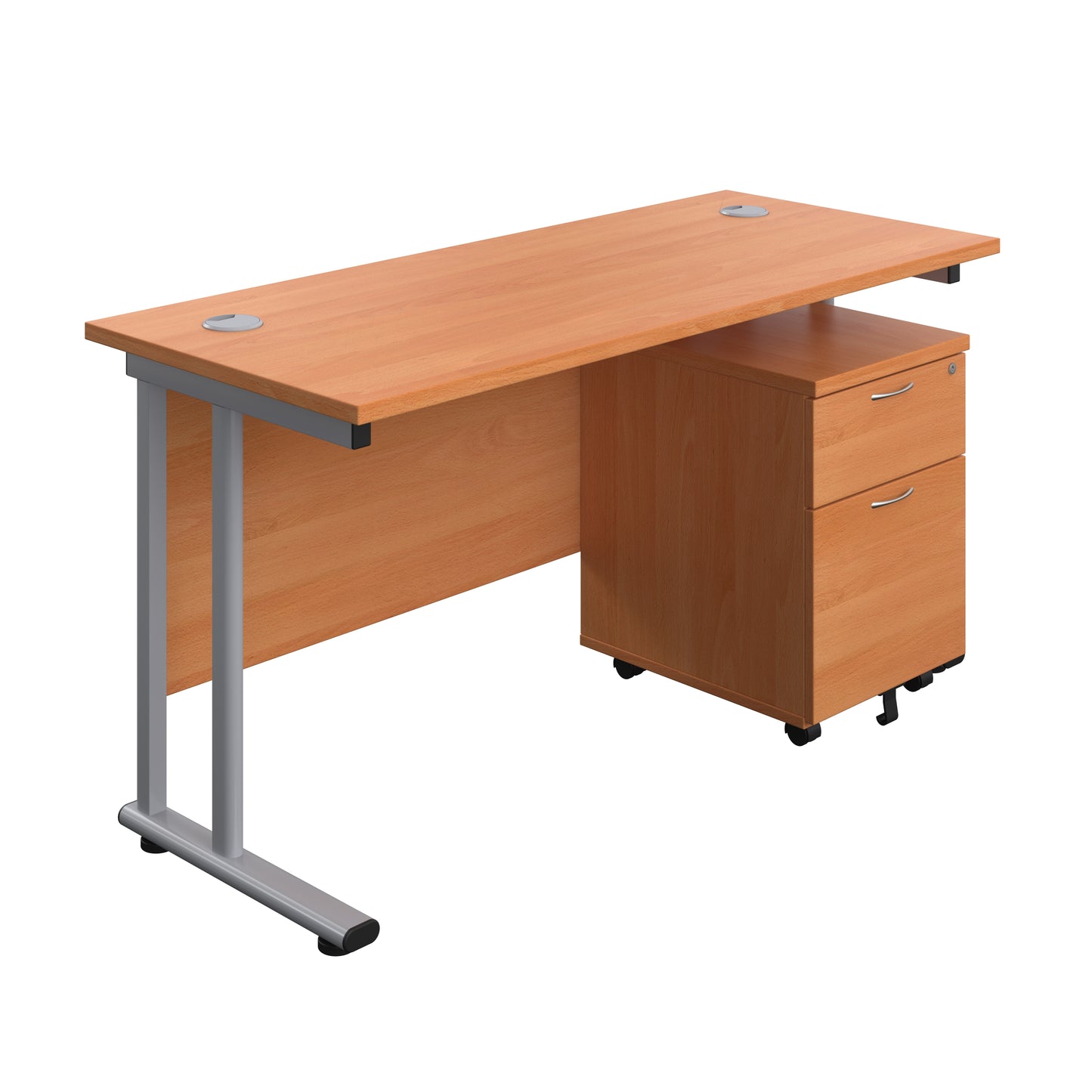 Aztec|Twin Upright|Rectangular Desk and Mobile 2 Drawer Pedestal|1400x600|Beech-Silver