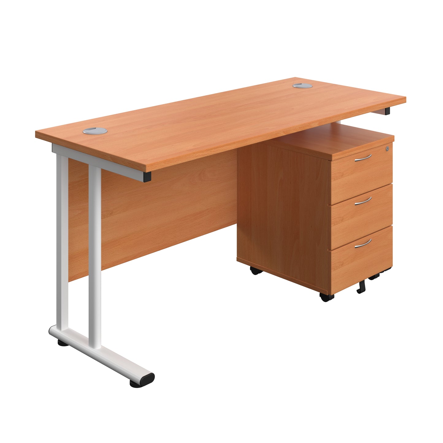 Aztec|Twin Upright|Rectangular Desk and Mobile 3 Drawer Pedestal|1400x600|Beech-White