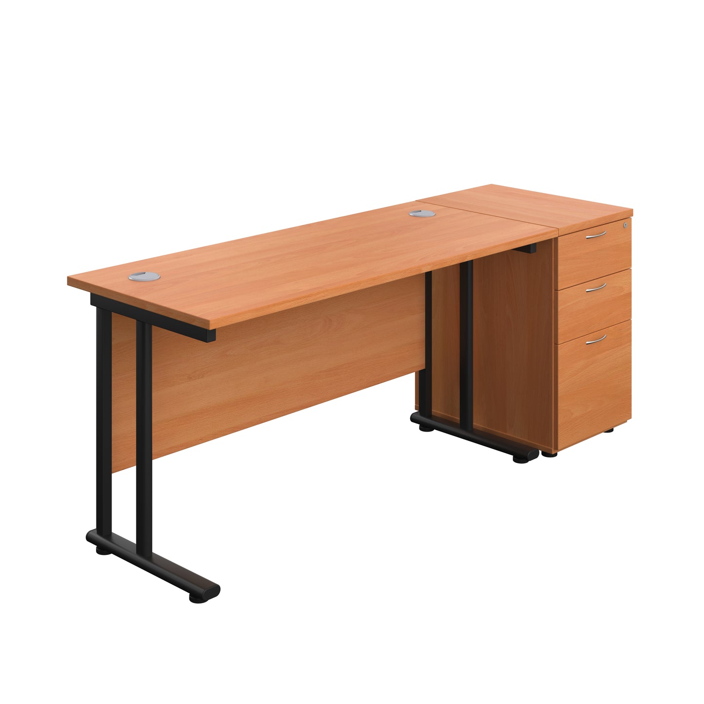 Aztec|Twin Upright|Rectangular Desk and Desk High 3 Drawer Pedestal|1400x600|Beech-Black