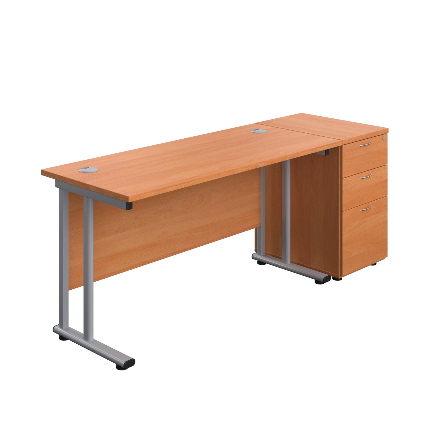 Aztec|Twin Upright|Rectangular Desk and Desk High 3 Drawer Pedestal|1400x600|Beech-Silver