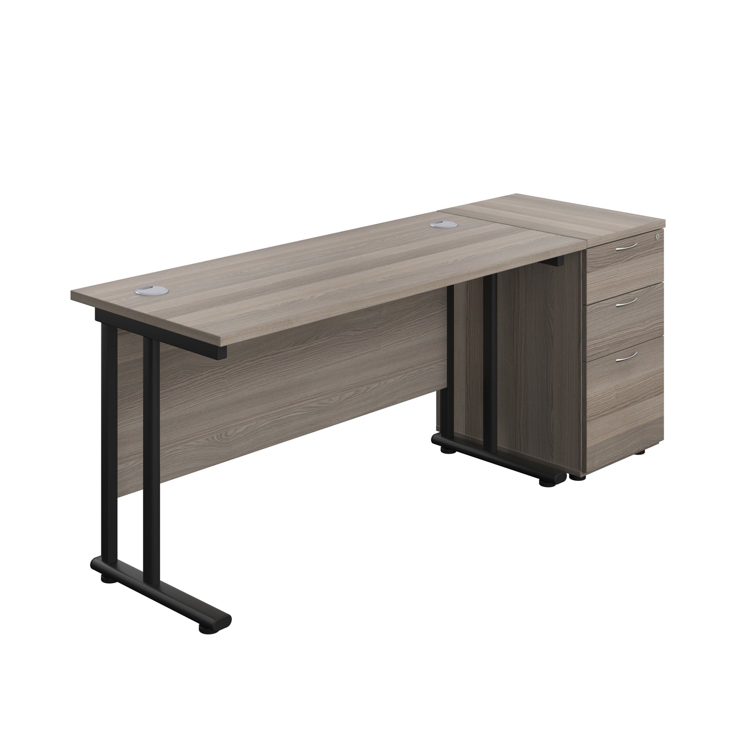 Aztec|Twin Upright|Rectangular Desk and Desk High 3 Drawer Pedestal|1400x600|Grey Oak-Black