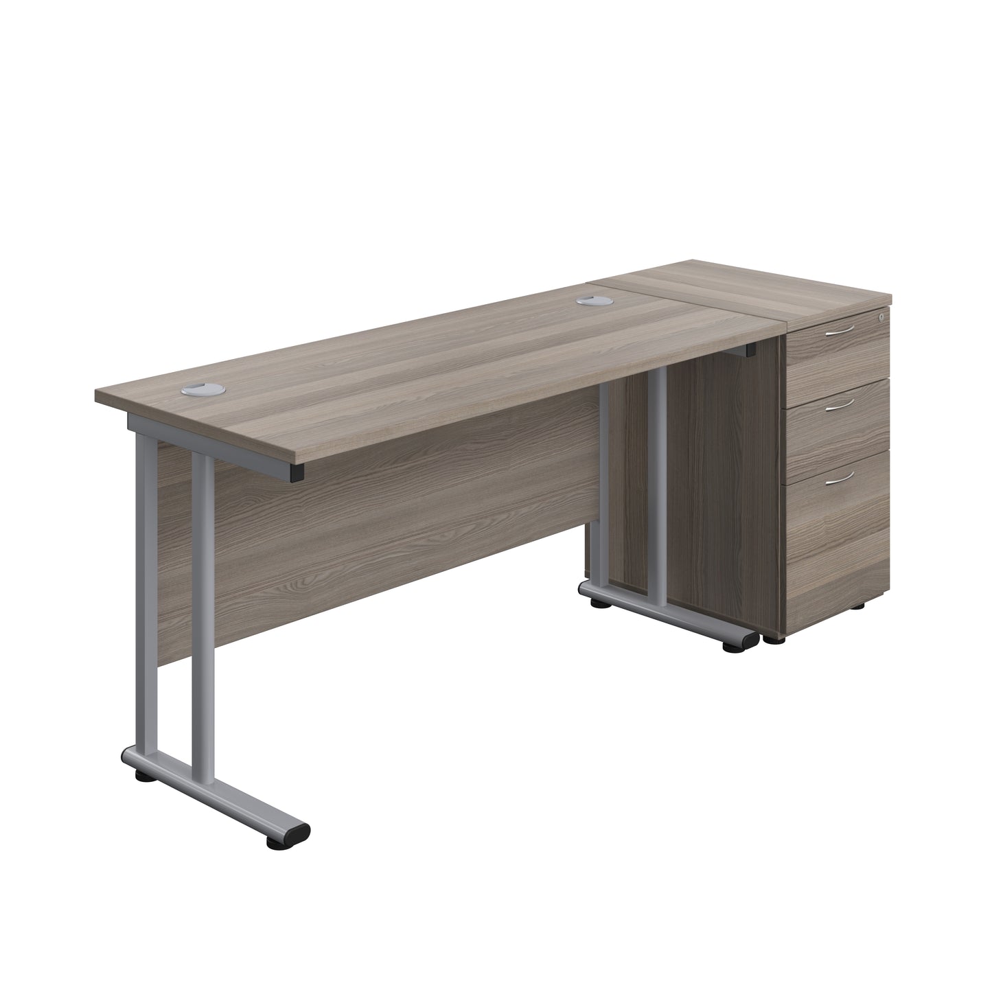 Aztec|Twin Upright|Rectangular Desk and Desk High 3 Drawer Pedestal|1400x600|Grey Oak-Silver
