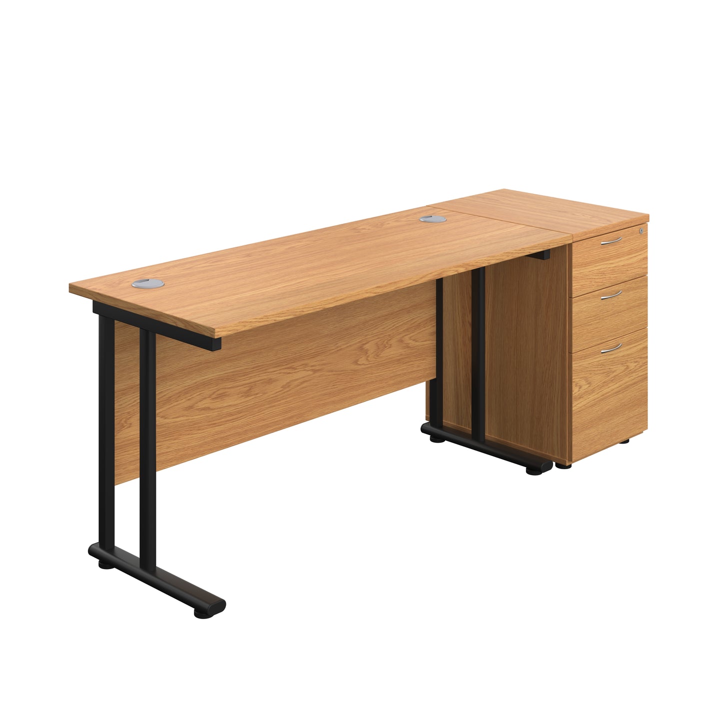 Aztec|Twin Upright|Rectangular Desk and Desk High 3 Drawer Pedestal|1400x600|Nova Oak-Black