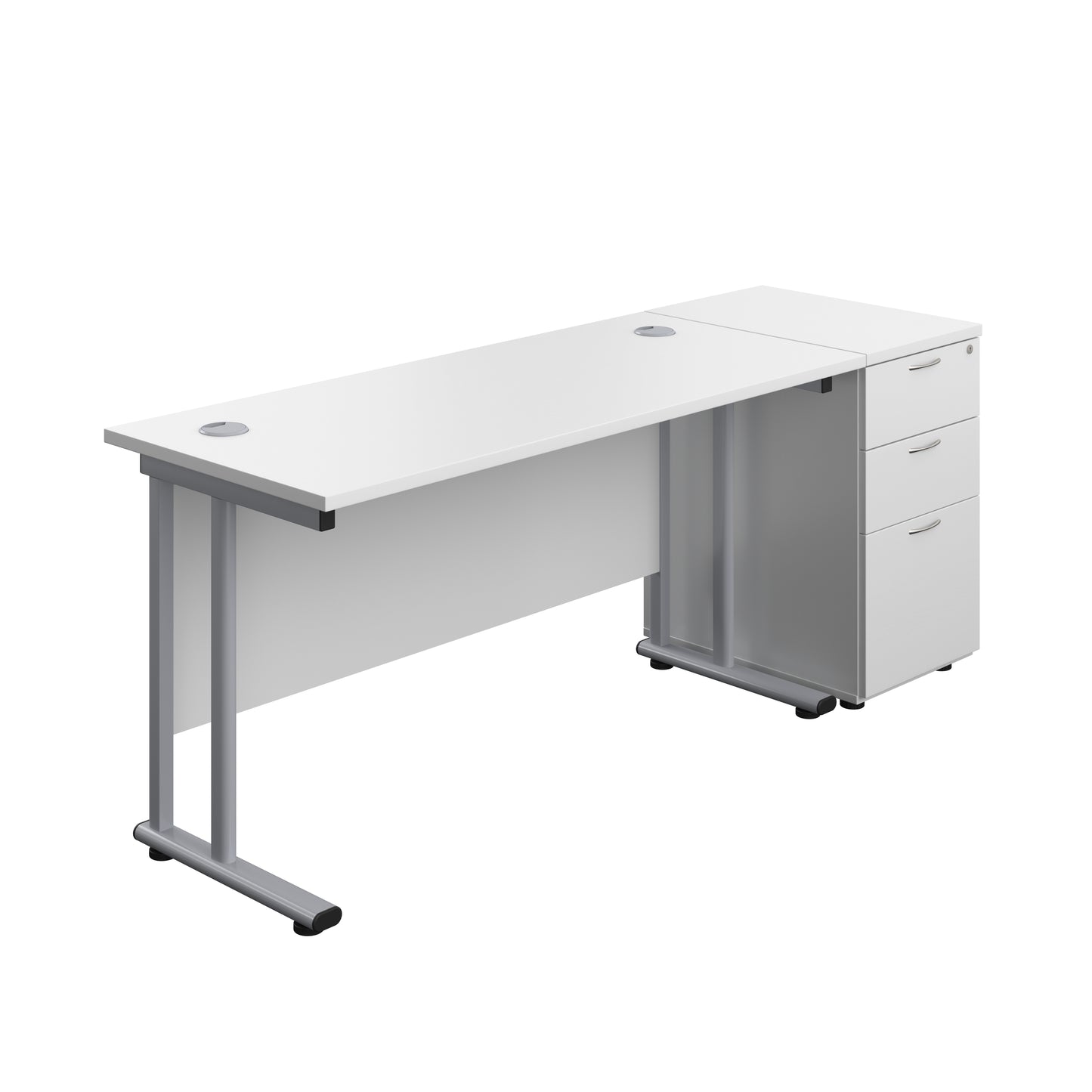 Aztec|Twin Upright|Rectangular Desk and Desk High 3 Drawer Pedestal|1400x600|White-Silver