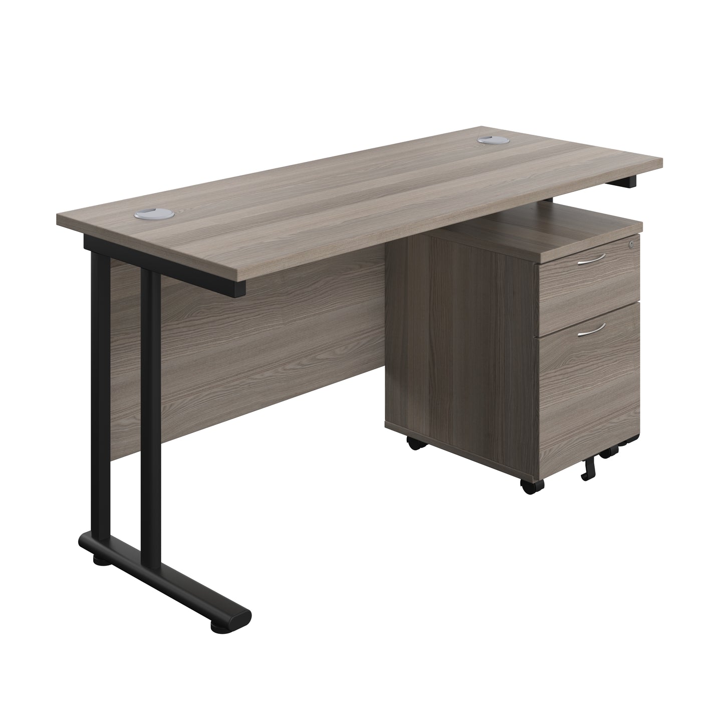 Aztec|Twin Upright|Rectangular Desk and Mobile 2 Drawer Pedestal|1400x600|Grey Oak-Black