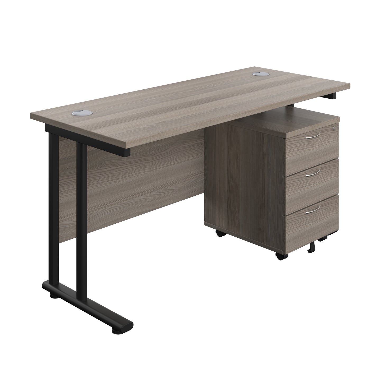 Aztec|Twin Upright|Rectangular Desk and Mobile 3 Drawer Pedestal|1400x600|Grey Oak-Black