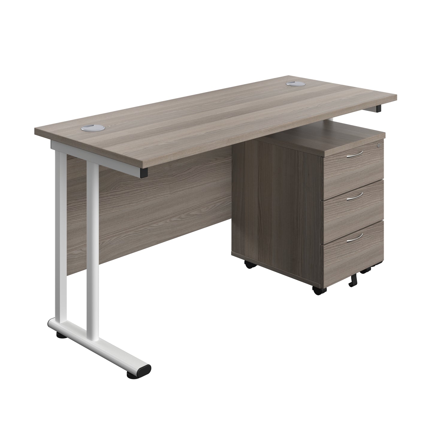 Aztec|Twin Upright|Rectangular Desk and Mobile 3 Drawer Pedestal|1400x600|Grey Oak-White