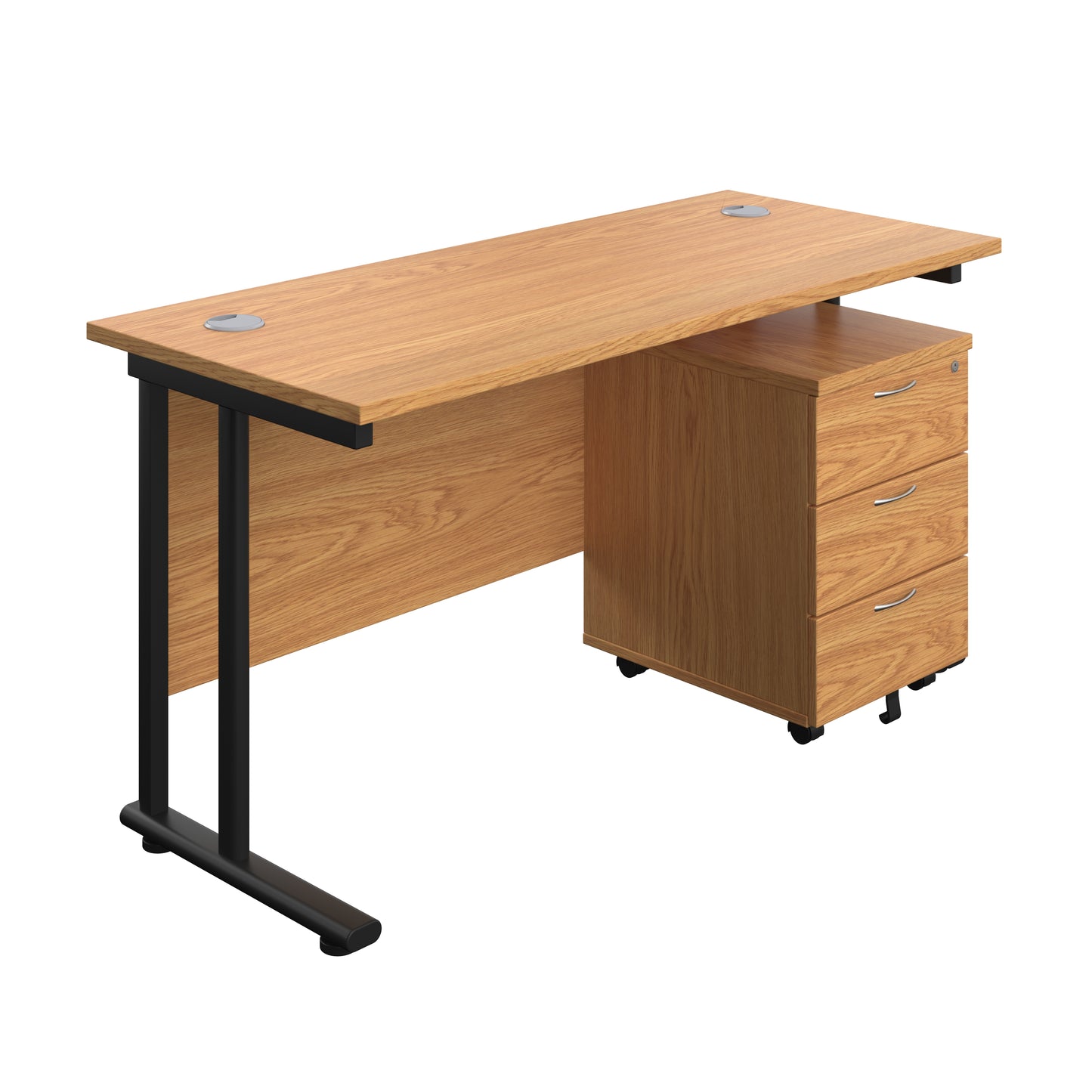 Aztec|Twin Upright|Rectangular Desk and Mobile 3 Drawer Pedestal|1400x600|Nova Oak-Black