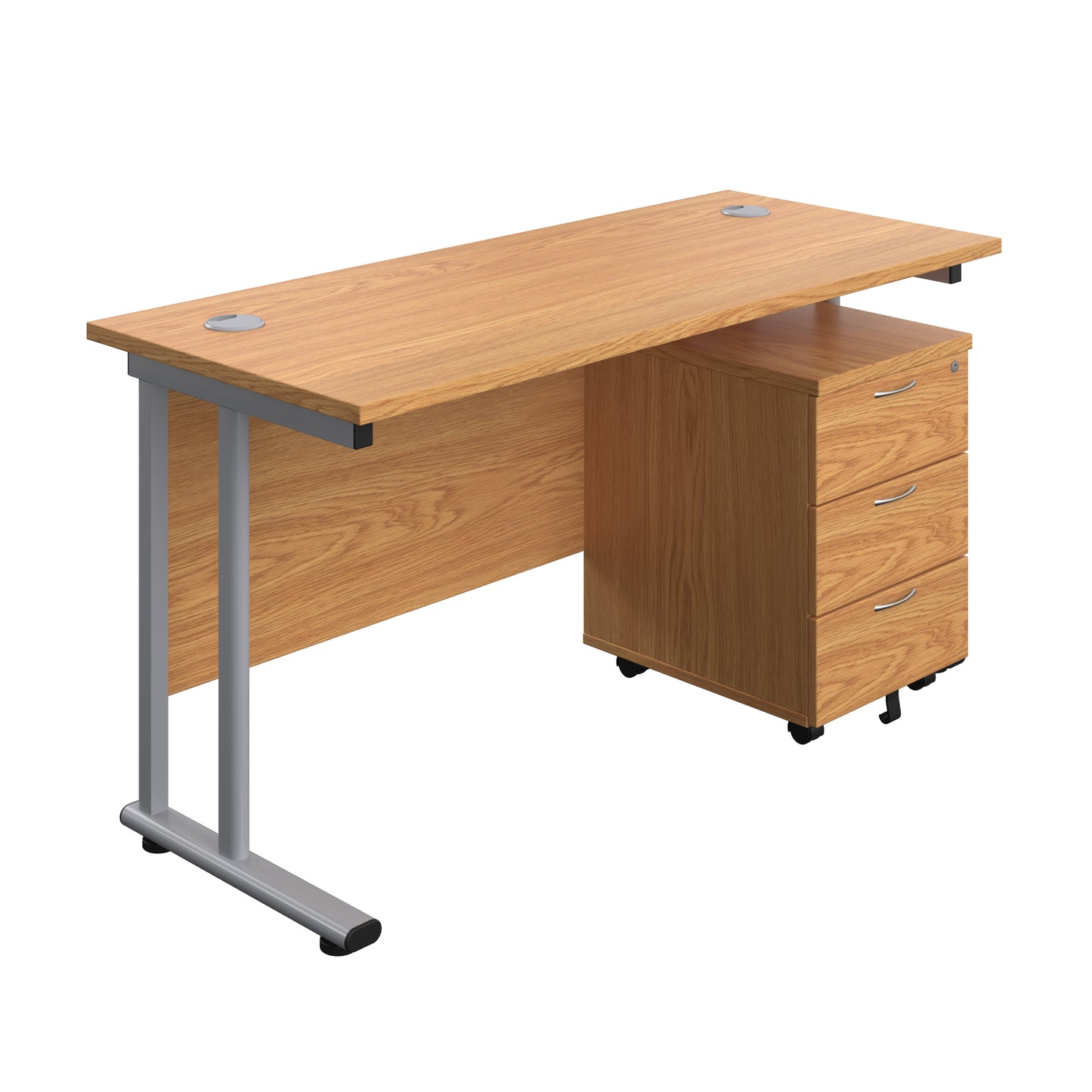 Aztec|Twin Upright|Rectangular Desk and Mobile 3 Drawer Pedestal|1400x600|Nova Oak-Silver
