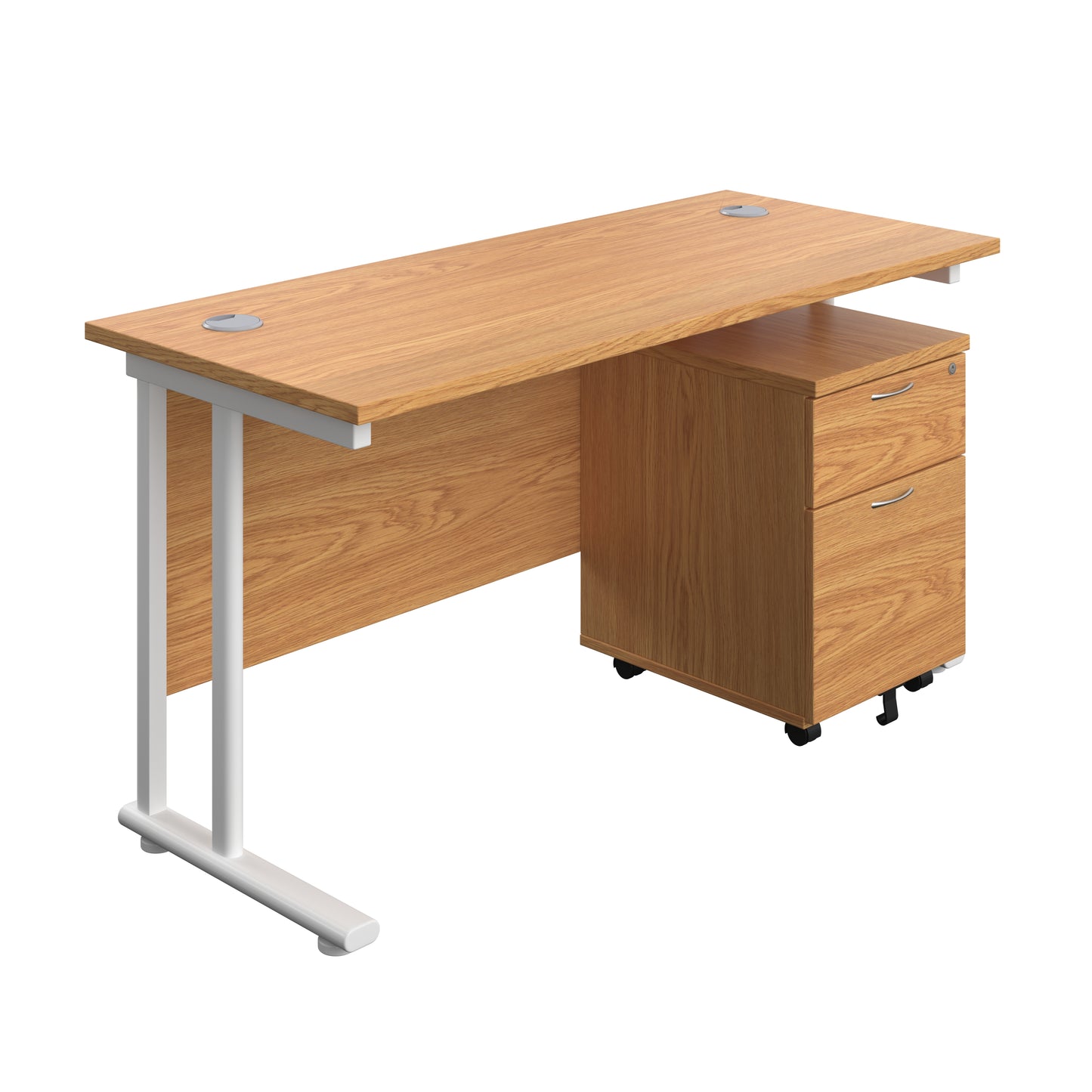 Aztec|Twin Upright|Rectangular Desk and Mobile 2 Drawer Pedestal|1400x600|Nova Oak-White