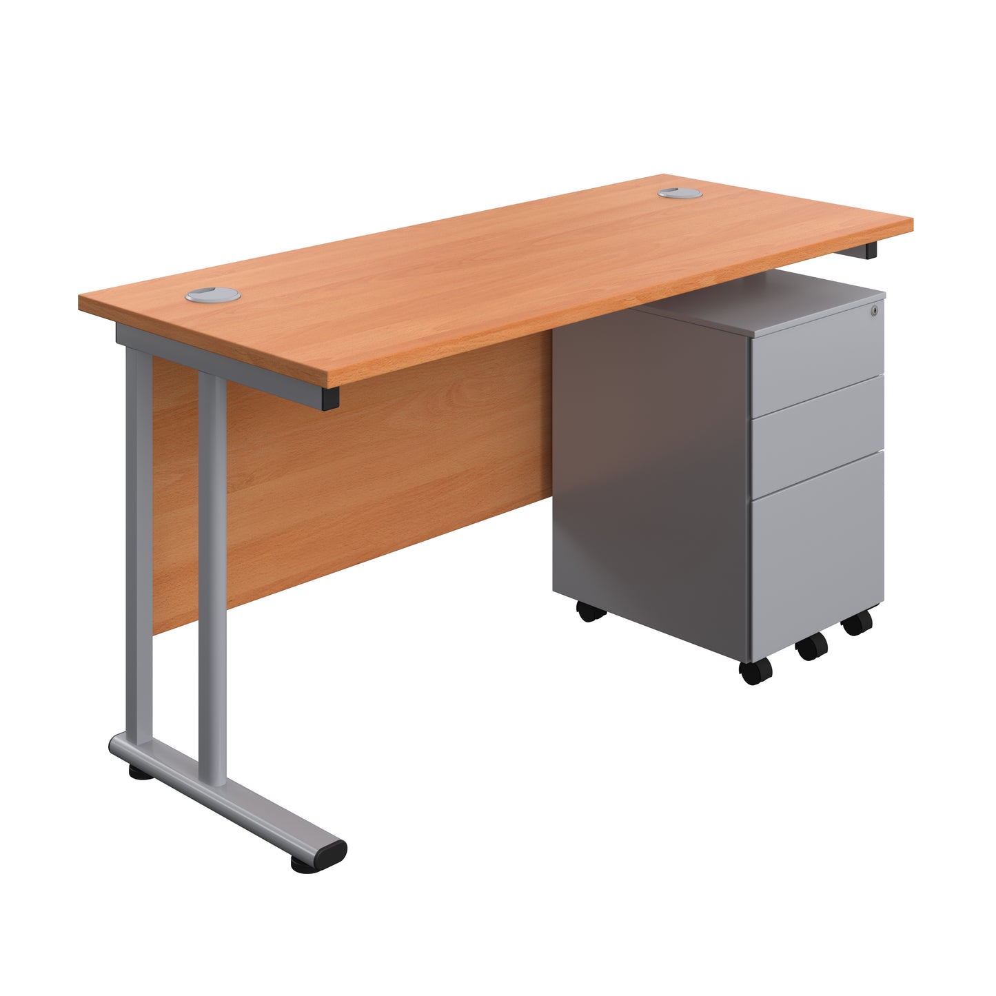 Aztec|Twin Upright|Rectangular Desk and Under Desk Steel Pedestal 3 Drawer|1400x600|Beech-Silver