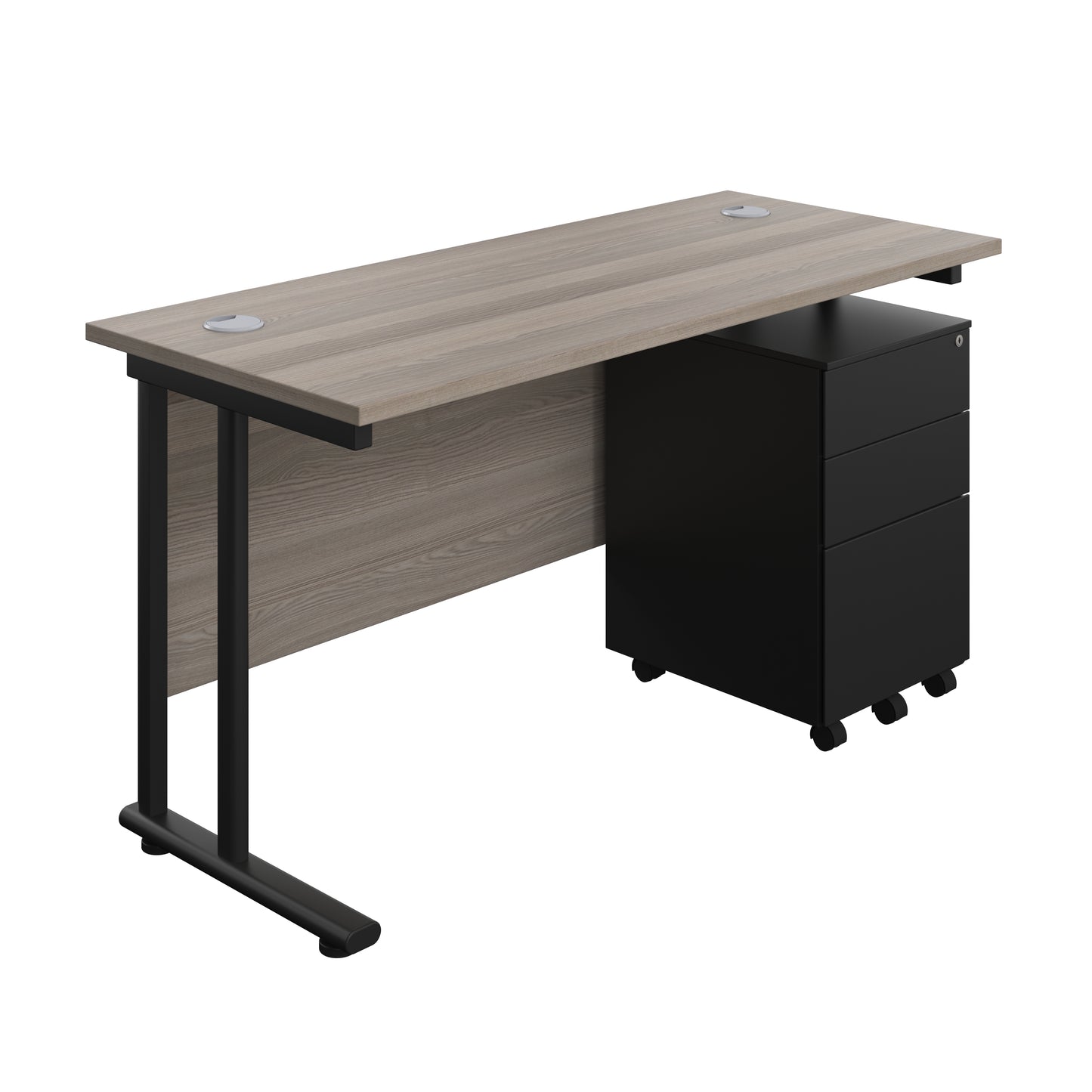 Aztec|Twin Upright|Rectangular Desk and Under Desk Steel Pedestal 3 Drawer|1400x600|Grey Oak-Black