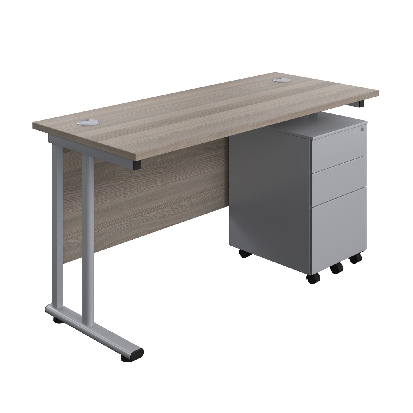 Aztec|Twin Upright|Rectangular Desk and Under Desk Steel Pedestal 3 Drawer|1400x600|Grey Oak-Silver