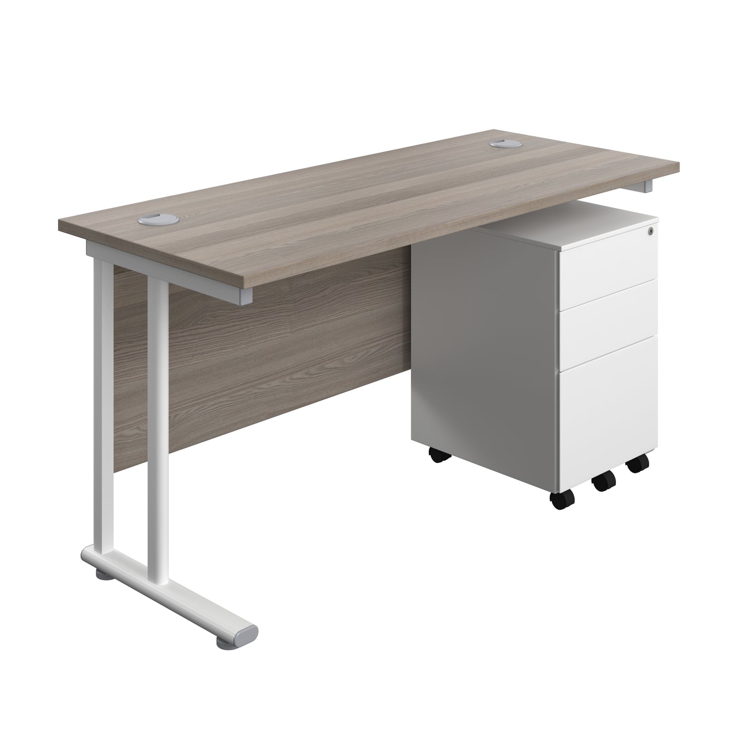 Aztec|Twin Upright|Rectangular Desk and Under Desk Steel Pedestal 3 Drawer|1400x600|Grey Oak-White