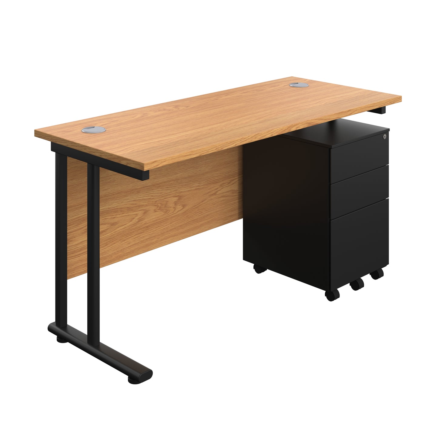 Aztec|Twin Upright|Rectangular Desk and Under Desk Steel Pedestal 3 Drawer|1400x600|Nova Oak-Black