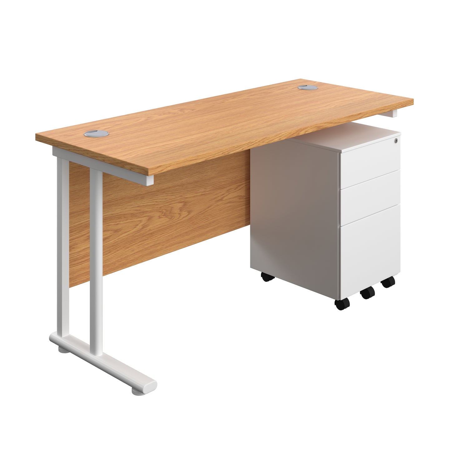 Aztec|Twin Upright|Rectangular Desk and Under Desk Steel Pedestal 3 Drawer|1400x600|Nova Oak-White