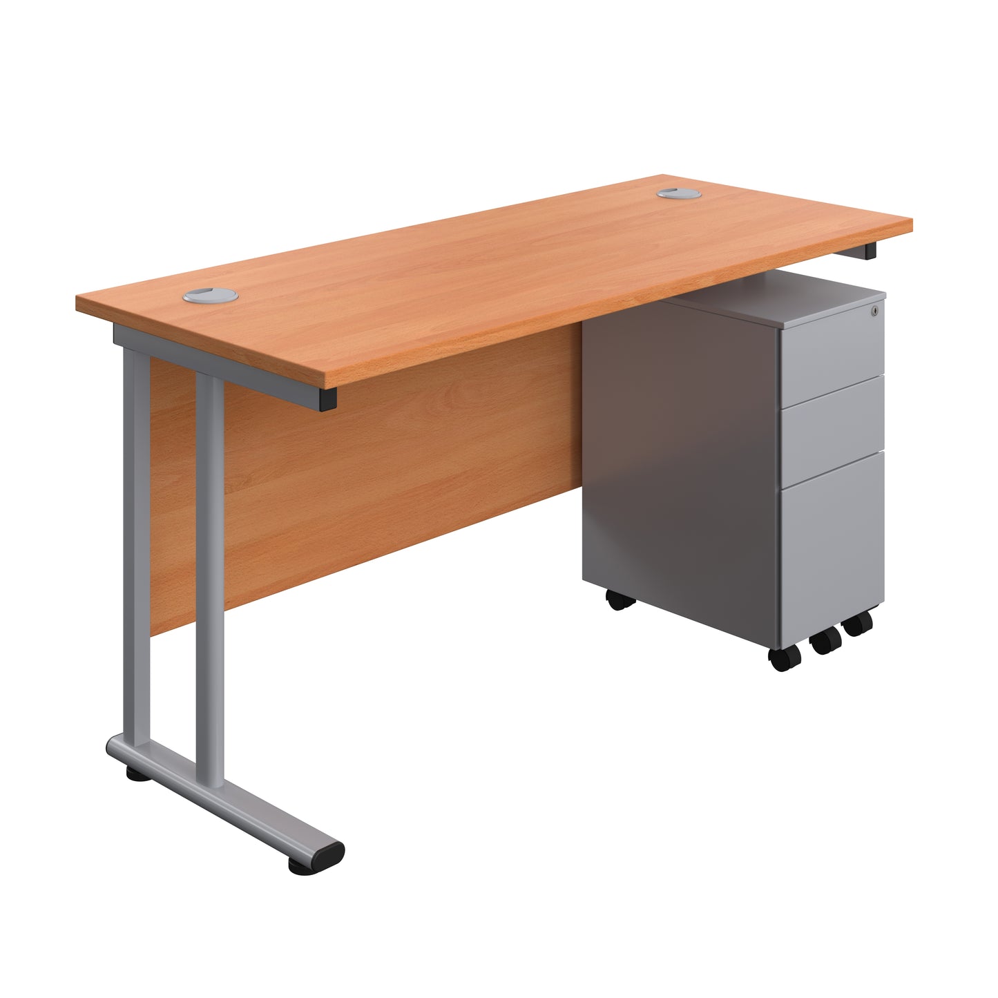 Aztec|Twin Upright|Rectangular Desk and Slimline Steel Pedestal 3 Drawer|1400x600|Beech-Silver
