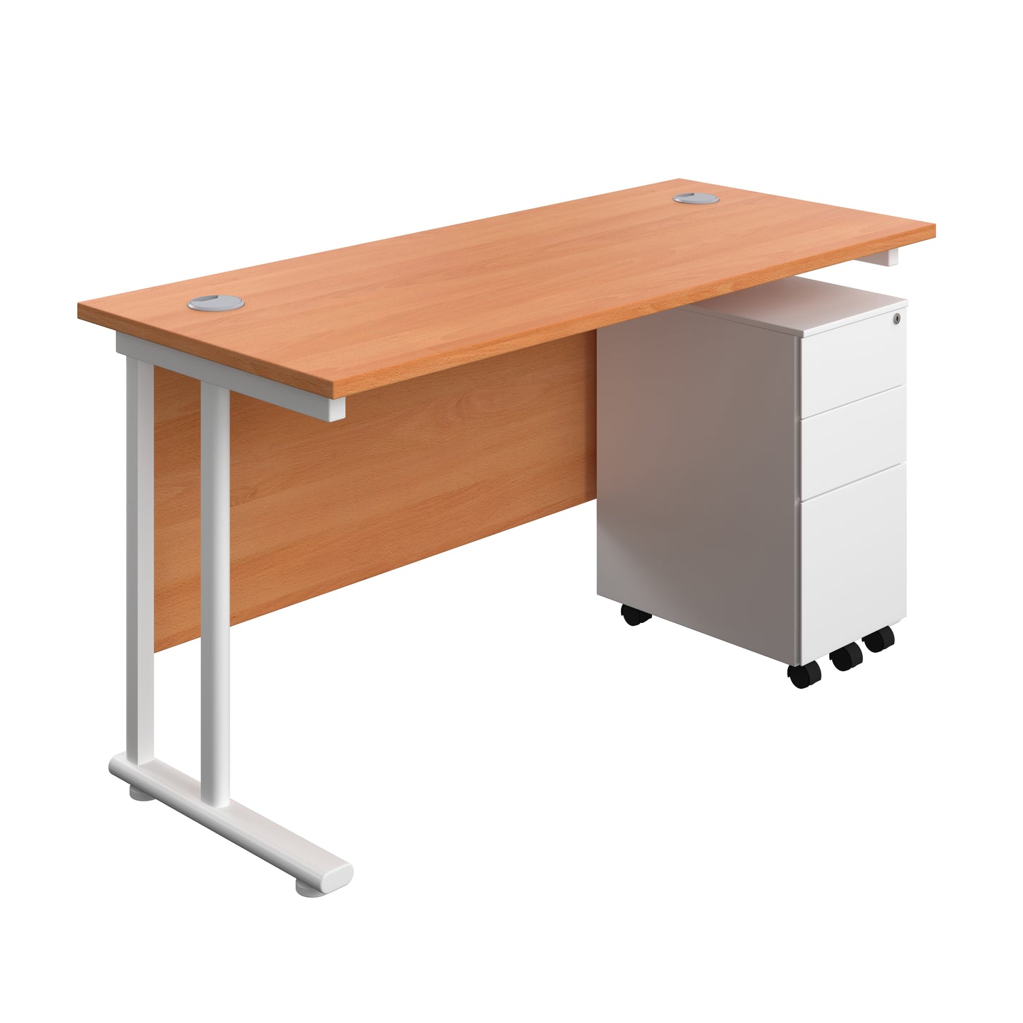 Aztec|Twin Upright|Rectangular Desk and Slimline Steel Pedestal 3 Drawer|1400x600|Beech-White