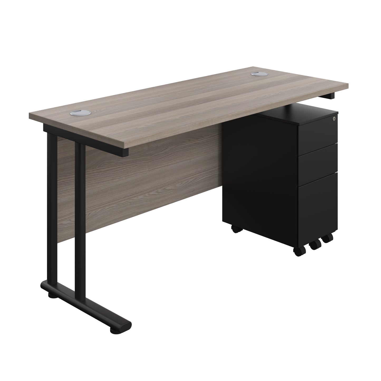 Aztec|Twin Upright|Rectangular Desk and Slimline Steel Pedestal 3 Drawer|1400x600|Grey Oak-Black