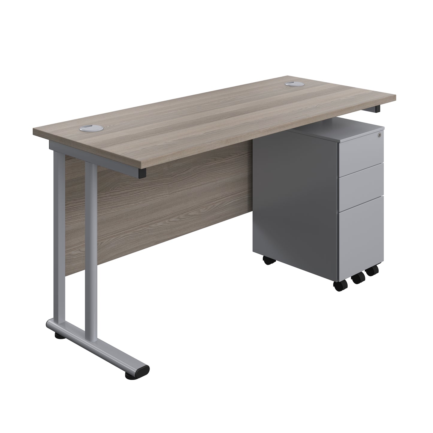 Aztec|Twin Upright|Rectangular Desk and Slimline Steel Pedestal 3 Drawer|1400x600|Grey Oak-Silver