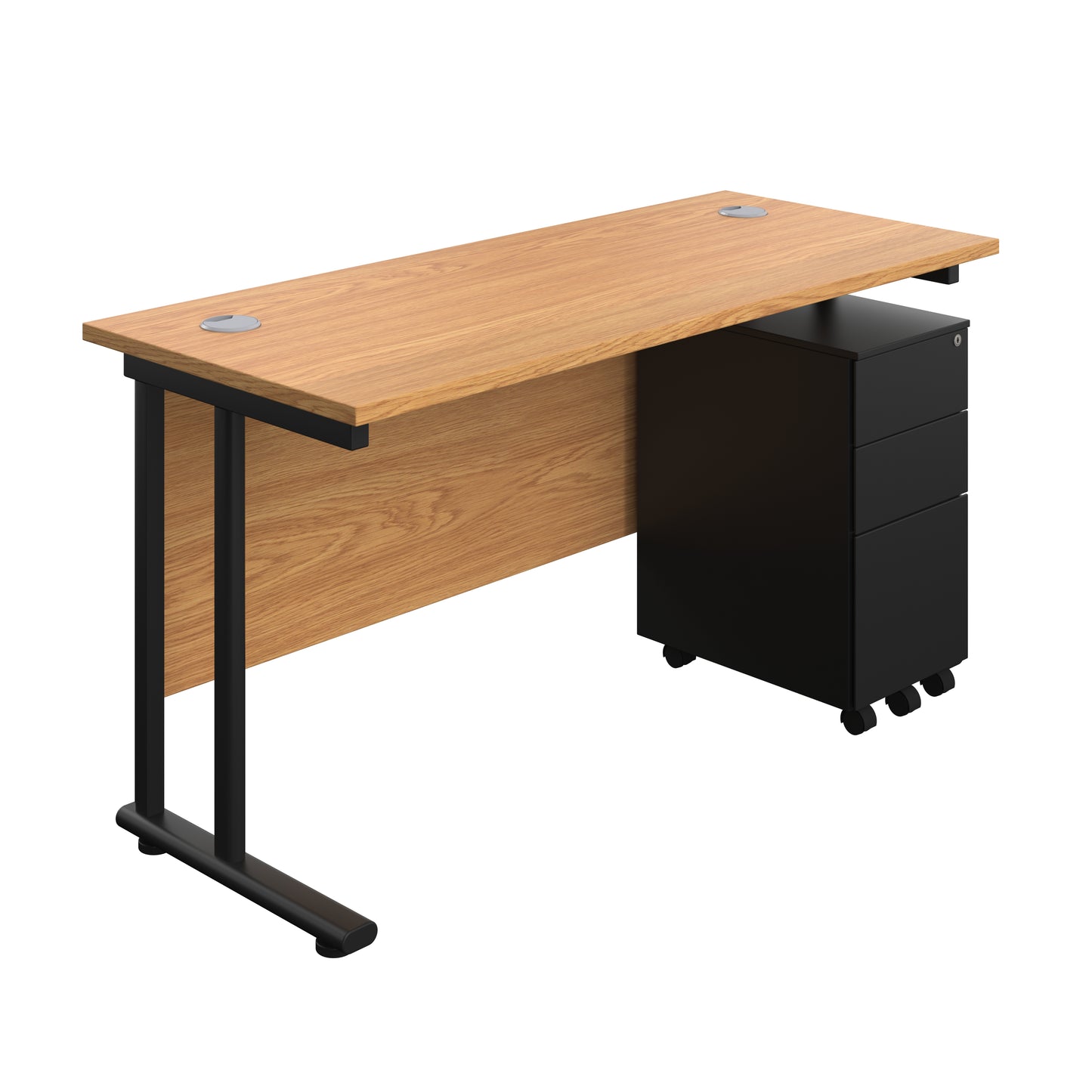 Aztec|Twin Upright|Rectangular Desk and Slimline Steel Pedestal 3 Drawer|1400x600|Nova Oak-Black