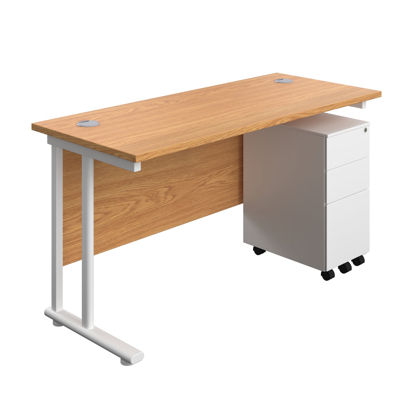 Aztec|Twin Upright|Rectangular Desk and Slimline Steel Pedestal 3 Drawer|1400x600|Nova Oak-White
