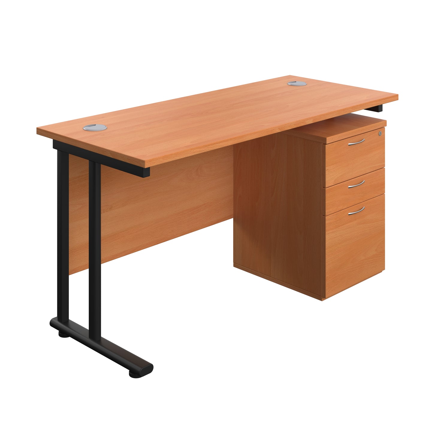 Aztec|Twin Upright|Rectangular Desk and High Mobile Pedestal 3 Drawer|1400x600|Beech-Black
