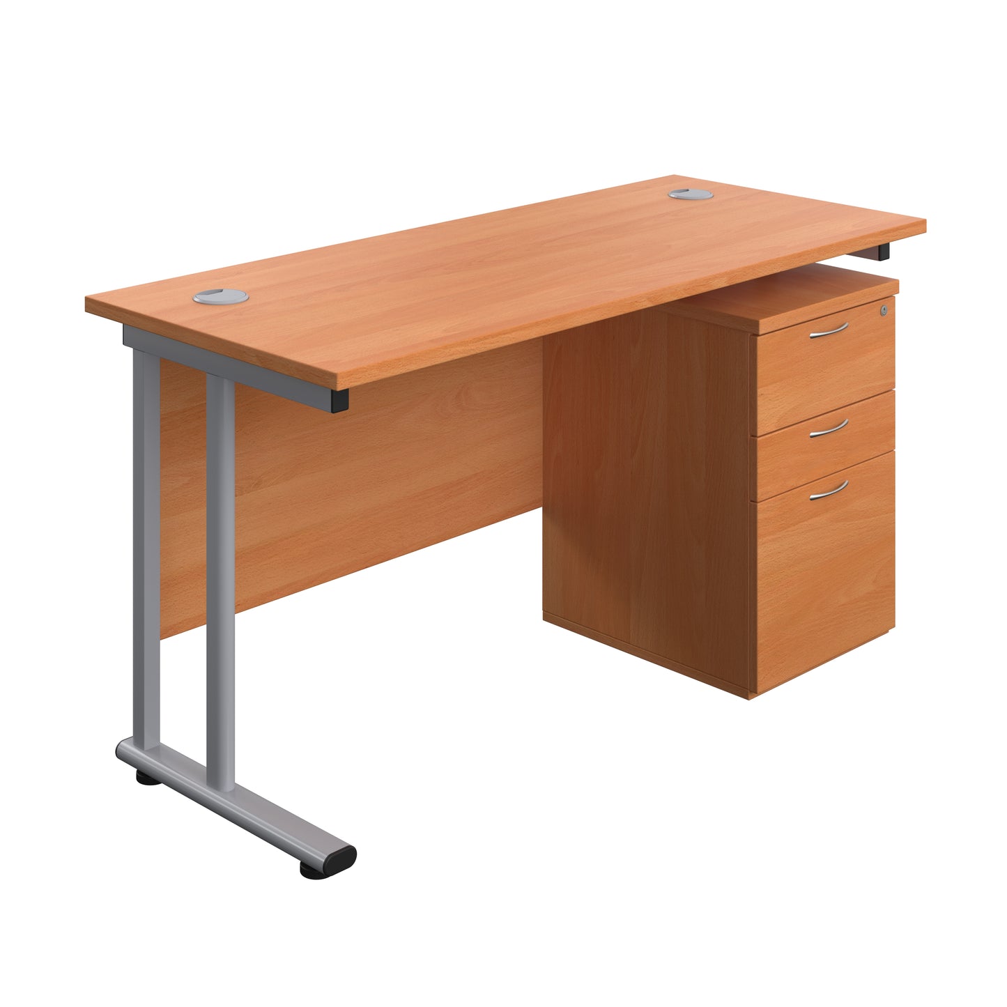 Aztec|Twin Upright|Rectangular Desk and High Mobile Pedestal 3 Drawer|1400x600|Beech-Silver